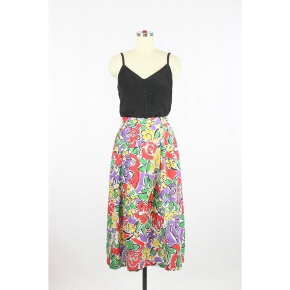 Vintage 90's LANA LEE Floral Print Cotton Pleated A-Line Midi Skirt, Size 9/10 - Picture 1 of 13